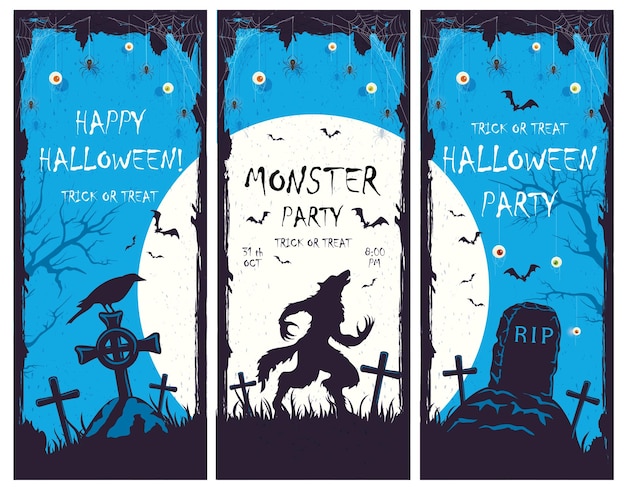 Vector set of blue halloween banners with party invitations