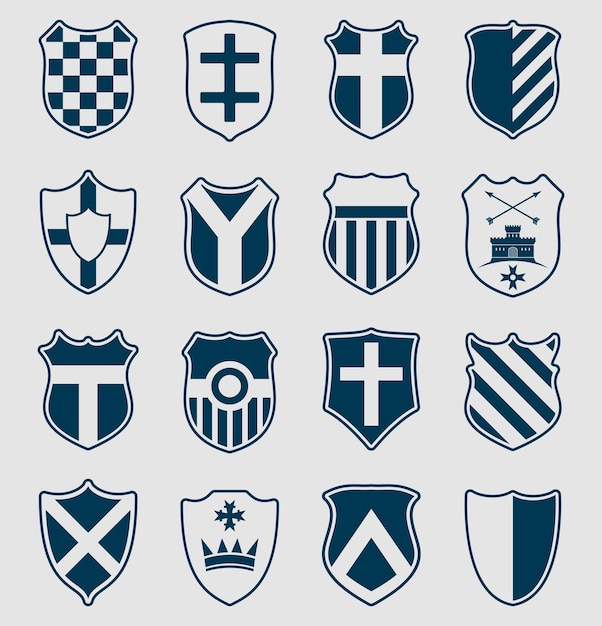 Set di scudi araldici blu con emblemi su sfondo grigio illustrazione vettoriale