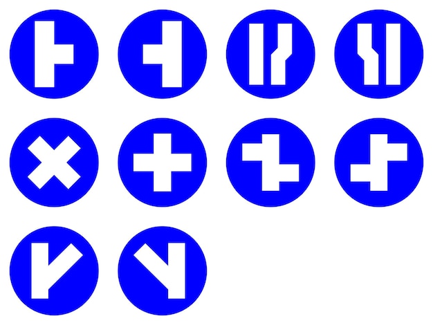 set blue mandatory junction narrows split road traffic warning caution sign arrow direction icon