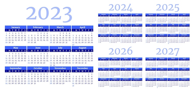 Set of blue monthly calendar templates for 2023 2024 2025 2026 2027 years