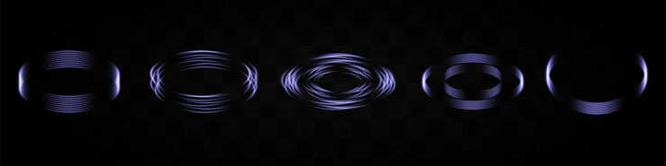 Vector set of blue neon light rings forming various patterns on a transparent background ideal for tech scifi or digital design elements