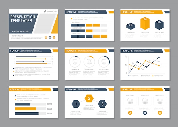 Vector set of blue and orange corporate presentation set