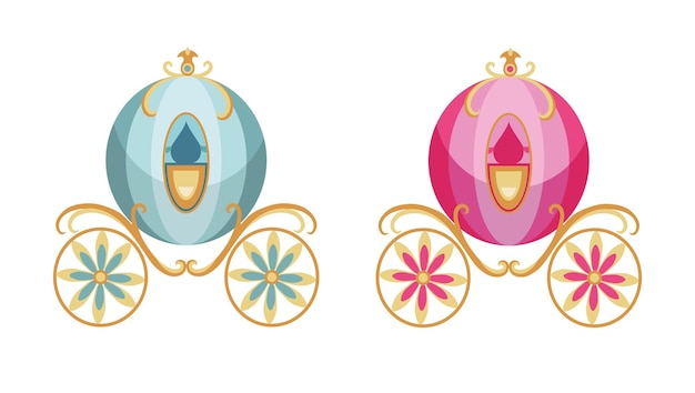 Vector set of blue and pink fairy carriage on white background vector illustration children's carriage for girls and boys in cartoon style