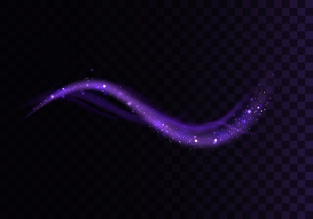 Vector set of blue, purple, glittering magic  waves with gold particles isolated.  sparkling light trails.