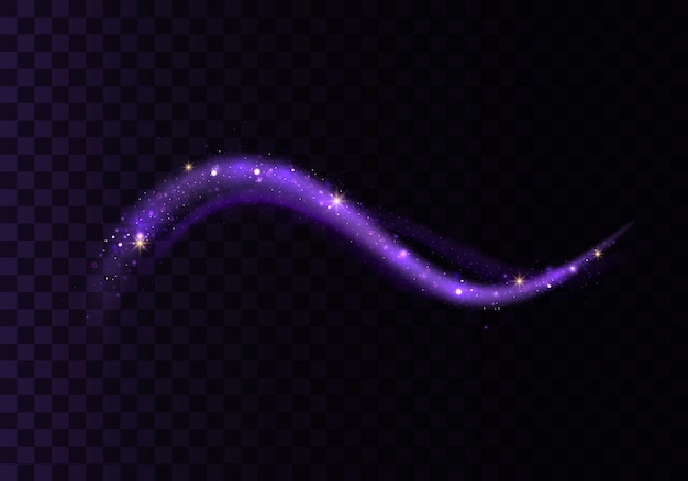 Set of blue, purple, glittering magic waves with gold particles isolated on transparent background.  sparkling light trails. futuristic flash. glowing shiny spiral lines effect.