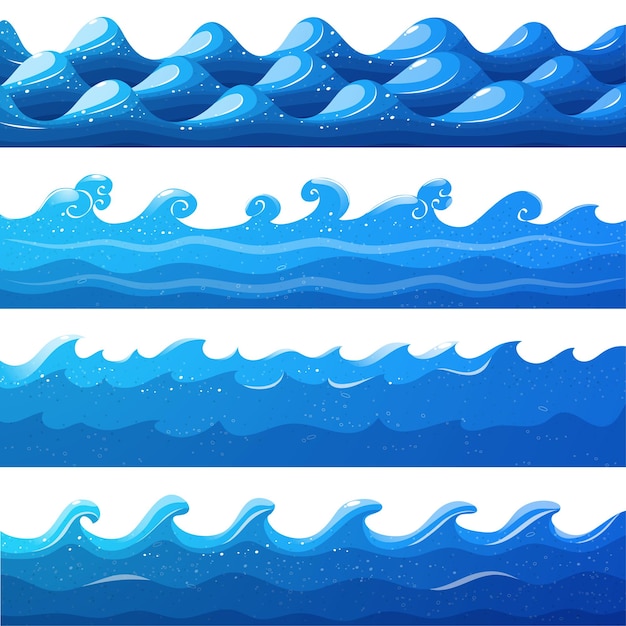 Vector set of blue sea waves border vector illustration