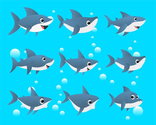 Set of blue shark cartoon