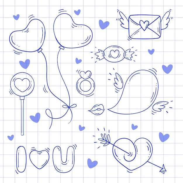 Set of blue sketch elements for Valentines day in doodle style on a white checkered background Love bundle