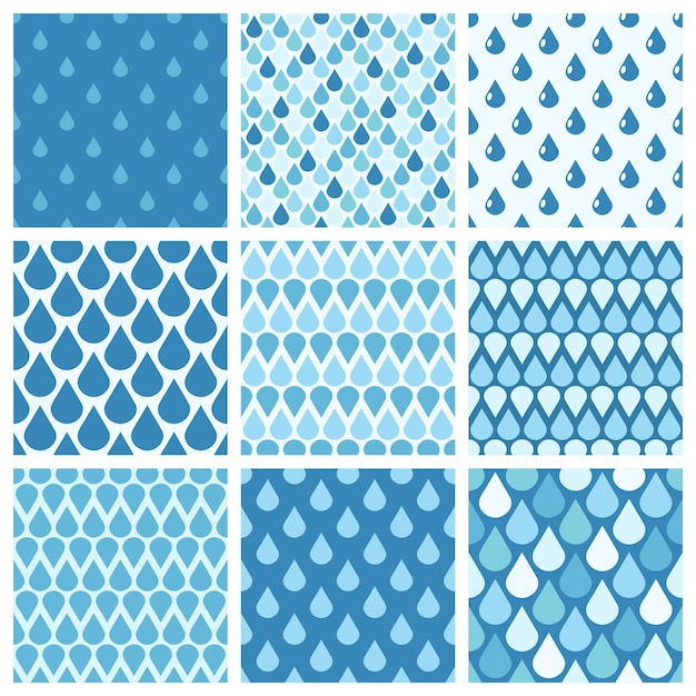 Set of blue vector water drops seamless patterns