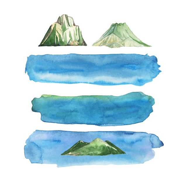 Vector set of blue watercolor stripes and islands rocks.