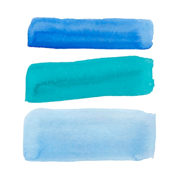 青い水彩ベクトルスポットのセット、手描きの水彩染み塗抹ブラシ、白い背景で隔離。