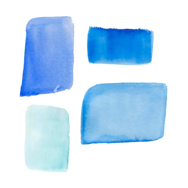 青い水彩ベクトルスポットのセット、手描きの水彩染み塗抹ブラシ、白い背景で隔離。