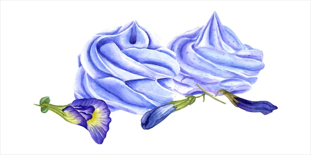 Vector set of blue whipped creams with fresh butterfly pea flowers buds bluebellvine cordofan pea