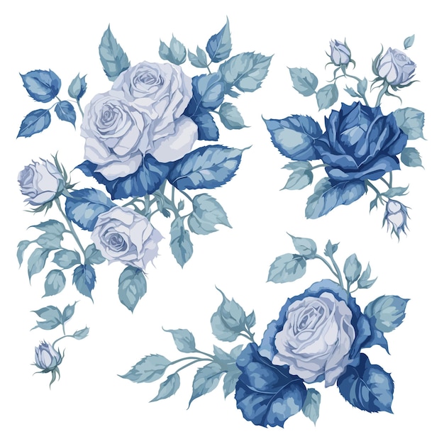 Set of Blue and White Rose Flower Arrangement Watercolor Illustration