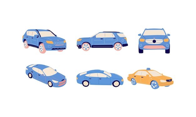 Set di auto blu e gialle illustrazione vettoriale in stile cartone animato