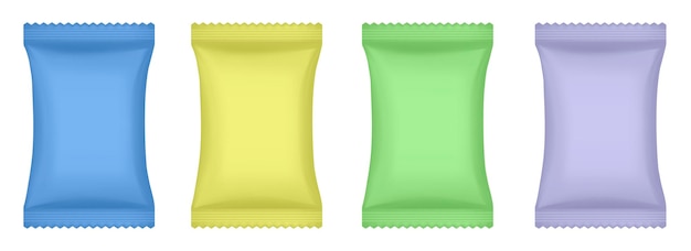 Set of blue yellow green purple and blue flow packs chocolate bar or ice cream wrapper