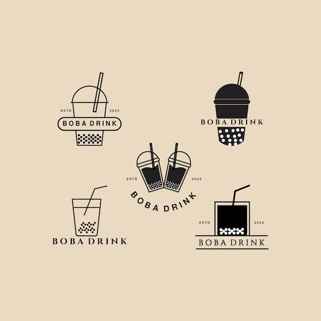 Set boba drink vintage logo icon and symbol with emblem vector illustration design
