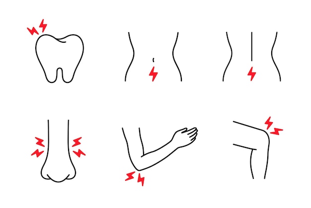 Vector set of body pain painkiller painkiller concept inflammation and injury points human with headach