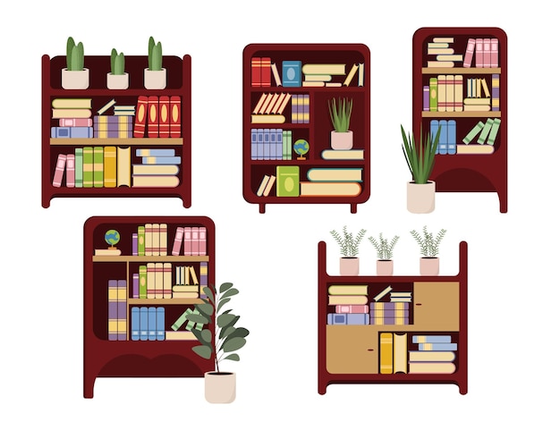 Set boekenkasten in cartoon-stijl Vector-illustratie van boekenkasten met planken met gekleurde boeken van verschillende maten bollen vazen geïsoleerd op witte achtergrond Vintage boekenkasten Interieur element