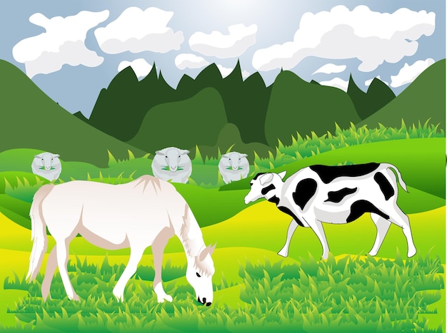 set boerderijdieren op weiden vectorillustratie