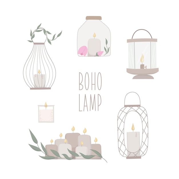 Set of bogemian lamp with candle Hand drawn vector illustration at rustic style for logo spa