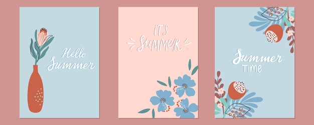 Vector set of boho flower backgrounds tropical summer backdrop collection with lettering vertical posters