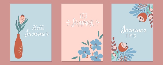 Set of boho flower backgrounds Tropical Summer backdrop collection with lettering Vertical posters