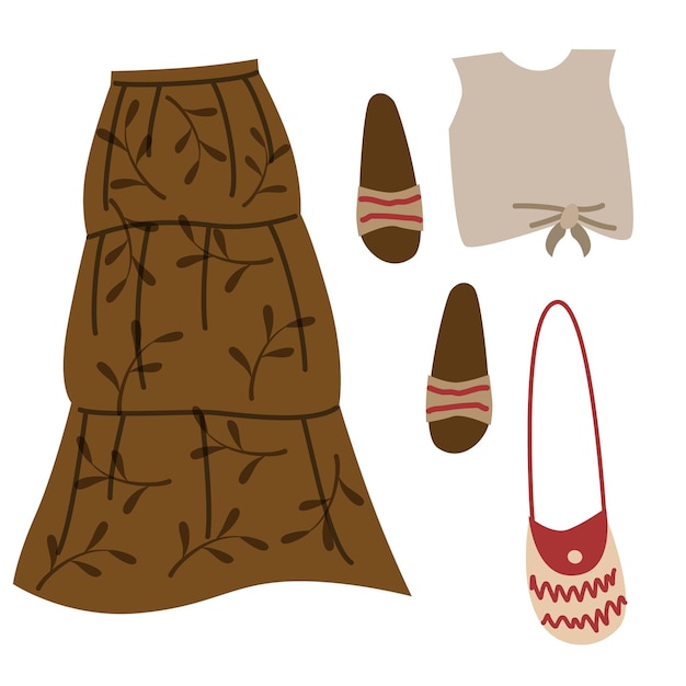 A set of boho outfits and various boho elements Fashionable clothes bag skirt shoes top V