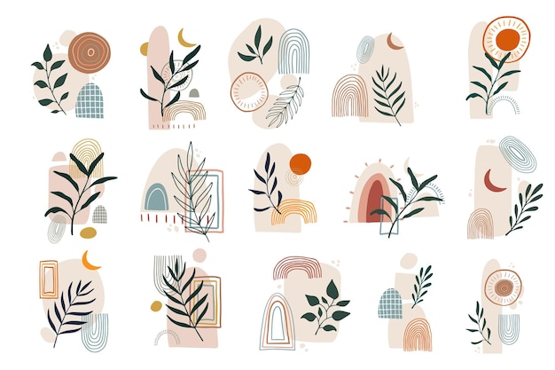 Vector set boho prints, posters, behang, kaarten, composities, stickers versierd met abstracte vormen