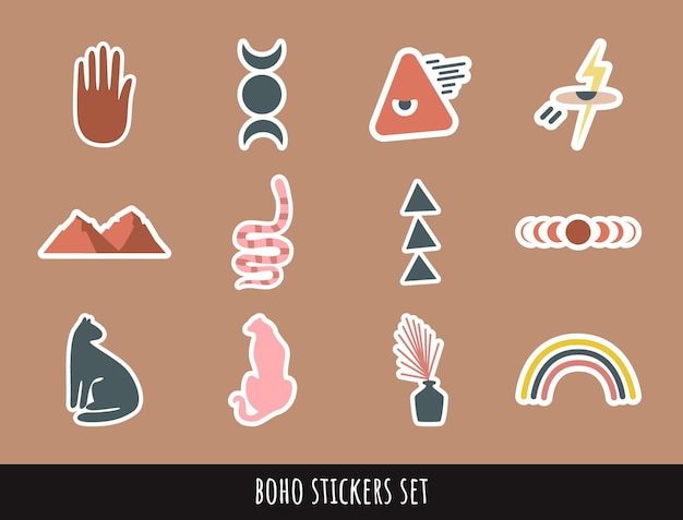 Vector set boho stickers cartoon style illustration