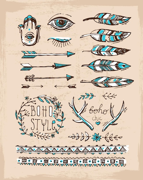 Set Boho-stijl handgetekende elementen Boho vectorillustratie Tribale elementen voor boho-huwelijk