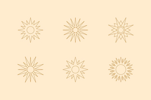 Set of Boho Sun in minimal liner trendy style. Vector Icon, logo, labels, badges for t-shirts print, creating patterns, social media posts and stories