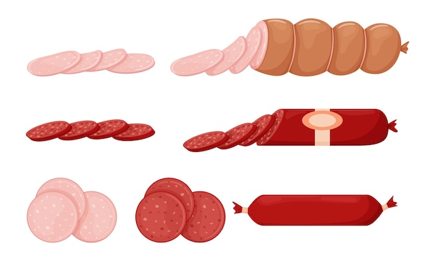 Vector set of boiled sausage products, grilled sausages, whole sausage, half, sliced. meat food