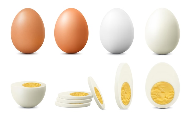 흰색 배경에 분리된 삶은 껍질을 벗기고 껍질을 벗기지 않은 닭고기 달걀 세트 노른자가 있는 단단한 삶은 닭고기 달걀 반쪽 삶은 달걀 얇게 썬 탑 뷰 현실적인 3D 벡터 그림