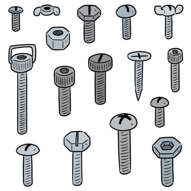 Vector set of bolt and nut