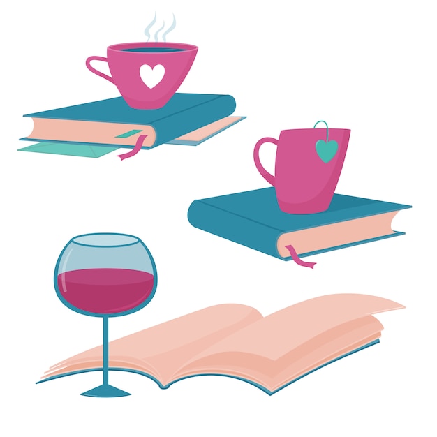 Set of book blog, reading club logo templates with books, glass of wine, cup of hot tea or coffee