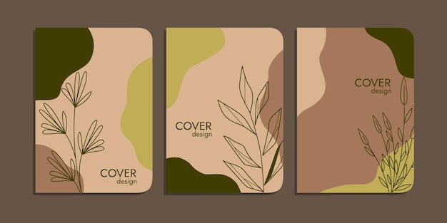 Set of book cover designs with hand drawn floral decorations. abstract boho botanical background a4