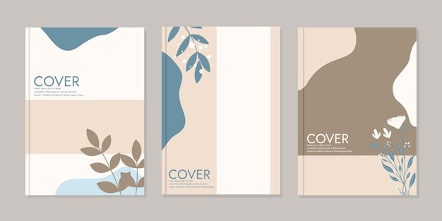 set of book cover designs with hand drawn floral decorations. aesthetic botanical abstract backgroun
