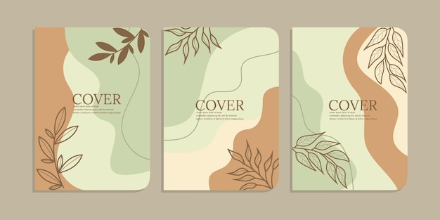 set of book cover template with hand drawn foliage decorations abstract retro floral background