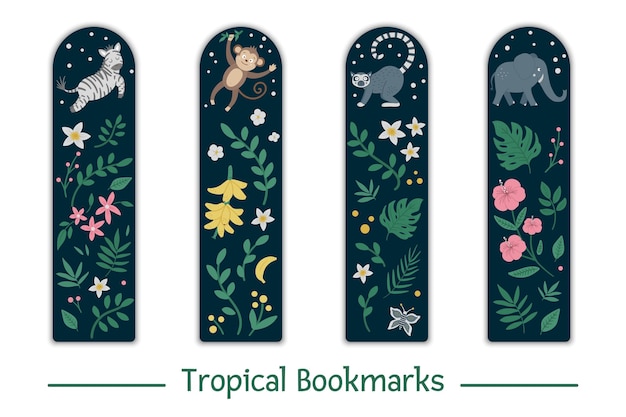 Set of bookmarks  with tropical animals, leaves, flowers. cute smiling zebra, monkey, lemur, elephant stationery for kids.