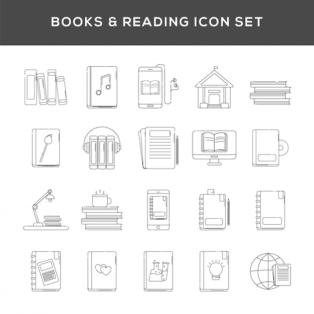 Set of books and reading icon in line art.