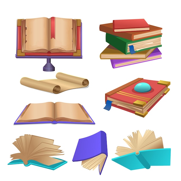 Set of books. Stack of books, old open book on white background.Cartoon vector illustration.