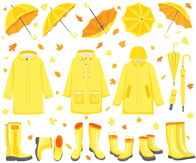 Vector set of boots raincoats umbrellas autumn in flat style isolated vector