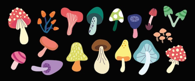 Set bos abstracte paddenstoelen Giftige ingrediënten voor het heksendrankje Kinderachtige paddenstoel