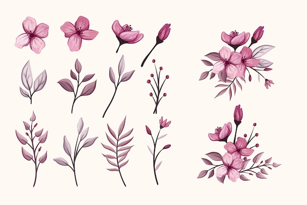 Set botanic blossom floral elements bloom vector illustratie geïsoleerd op een witte achtergrond