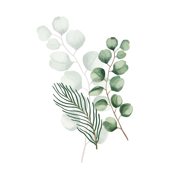 Vector set of botanic and wild leaves in watercolor painting