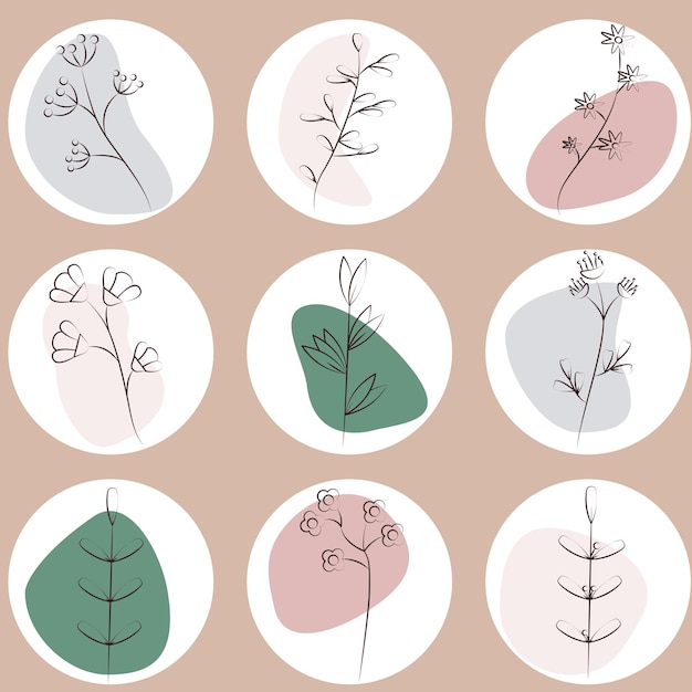 Set of botanical boho style highlights for social media flat vector isolated, botanical icons  boho