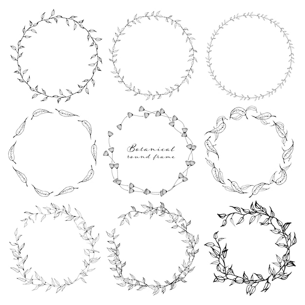 Vector set of botanical round frame, hand drawn flowers.