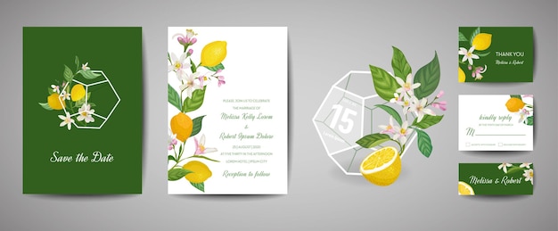 Set di biglietti d'invito per matrimonio botanico, vintage save the date, modello di progettazione di fiori e foglie di frutta di limoni, illustrazione di fiori. copertina vettoriale alla moda, poster grafico, brochure