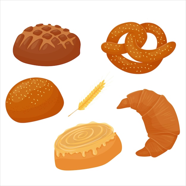 Vector set boter gebak zoetwaren broodje voor het ontbijt brood bakkerij vector illustratie op een witte achtergrond